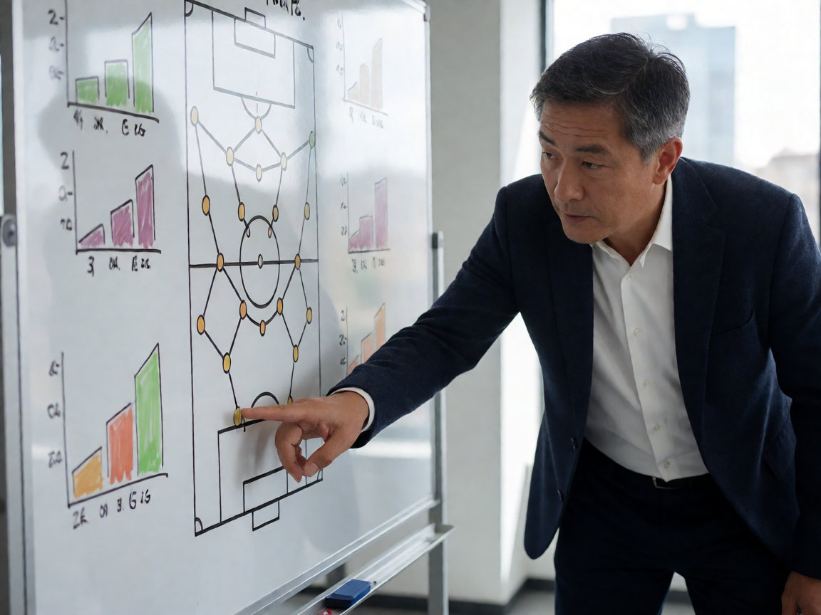 足球战术板上教练布置比赛战术安排的示意图