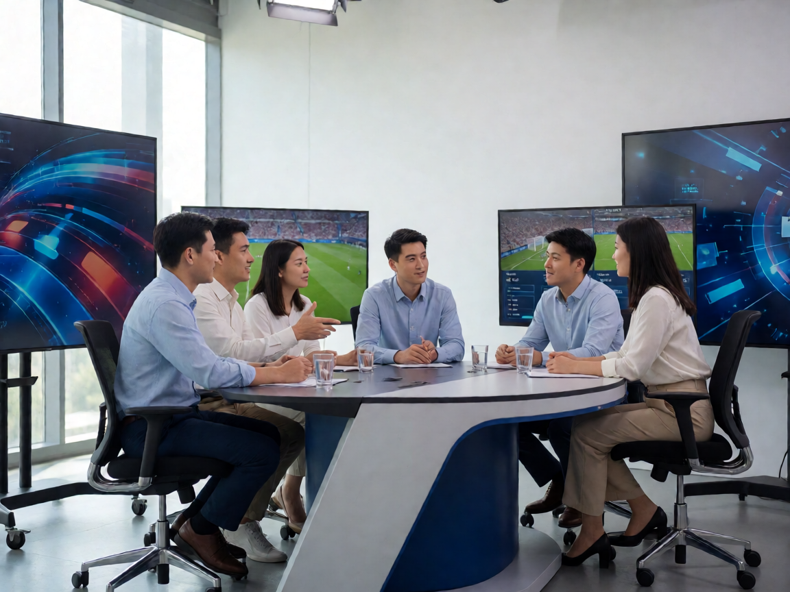 体育新闻编辑团队在演播室报道赛事的现场